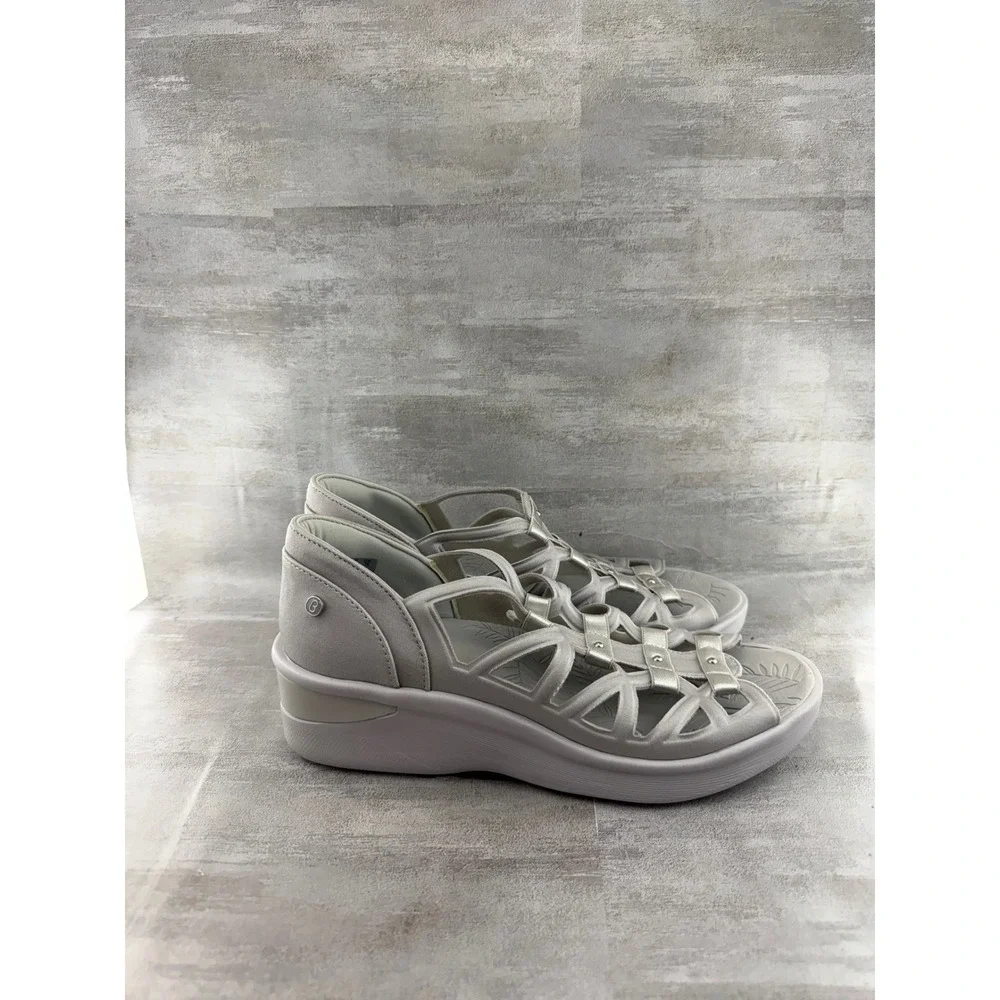 Bzees Sapphire Silver Studded Cage Wedge Sandals Women Sz 11M Light Gray Slip On
